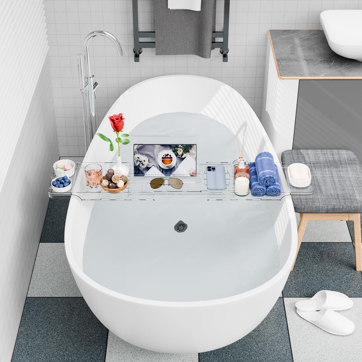 Yieach Luxury Clear Bathtub Shelf Across Tub,Expandable Plastic Bathtub Tray Over The Tub Bath Caddy,Free Standing Bath Table Board & Accessories for Women Relaxing with Reading Book and Ipad Holder