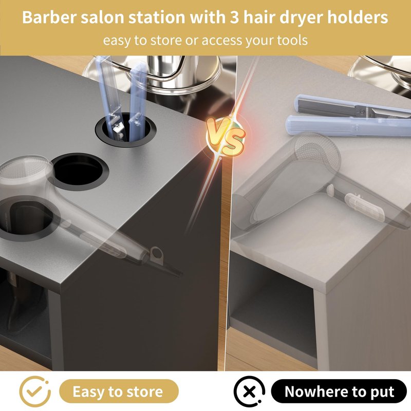 Barber Salon Station for Hair Stylist, Salon Wall Mount Station with Barber Cabinet and Barber Desk, Hair Salon Stations Equipment with Holders, Drawers, Beauty Station Without Mirror