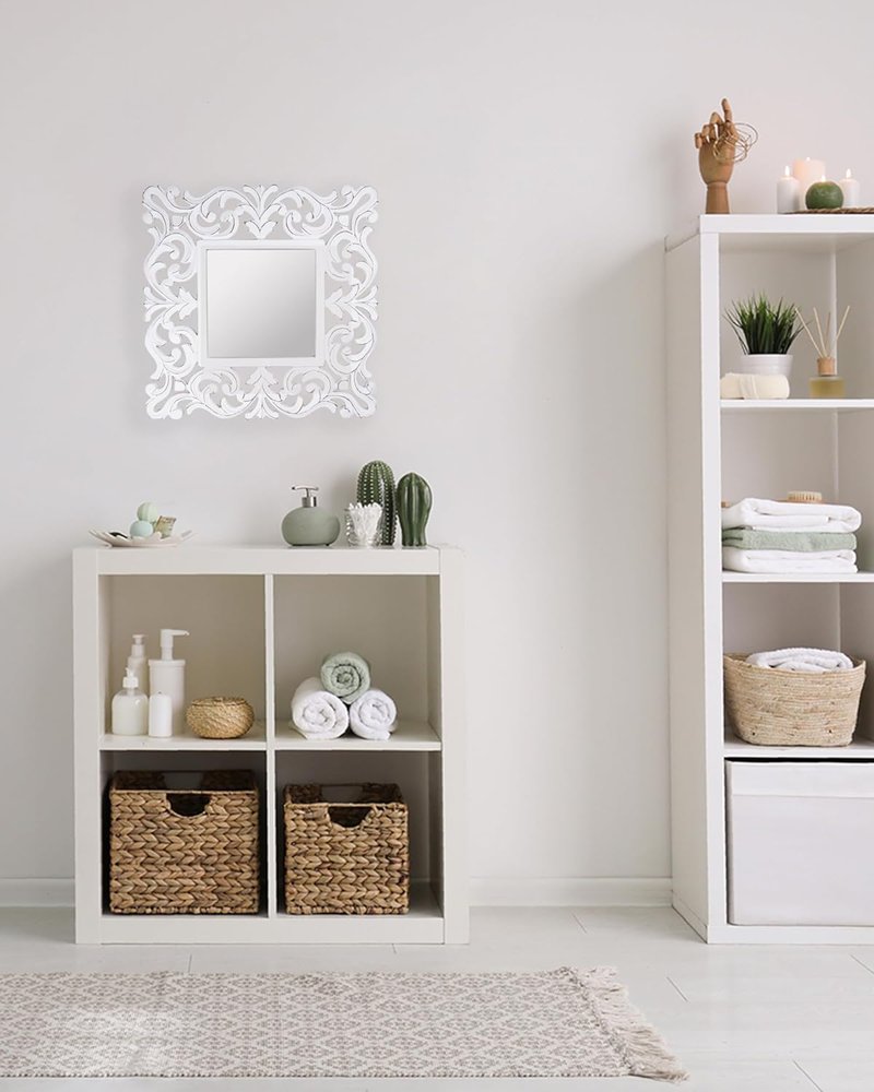 Hand Carved Farmhouse Wall Mirror - 18-Inch Square Rustic White Wooden Frame | Decorative Mirror for Bathroom, Living Room & Bedroom