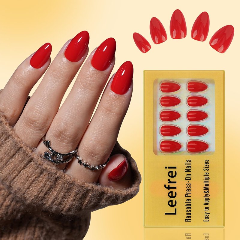 Leefrei Red Press on Nails - Glossy Short Almond Press on Nail, Fake Nails Reusable Nails Press ons for Women, 32 Pieces in 16 Sizes False Nails Kit with Glue, Cherry Heat
