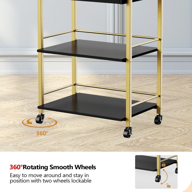 Salon Trolley Cart with Wheels, Esthetician Cart with 1 Drawer & 2 Trays, Mobile Storage Organizer for Beauty Spa Massage Tattoo Esthetic Facial Tool Holder Station, Black Gold