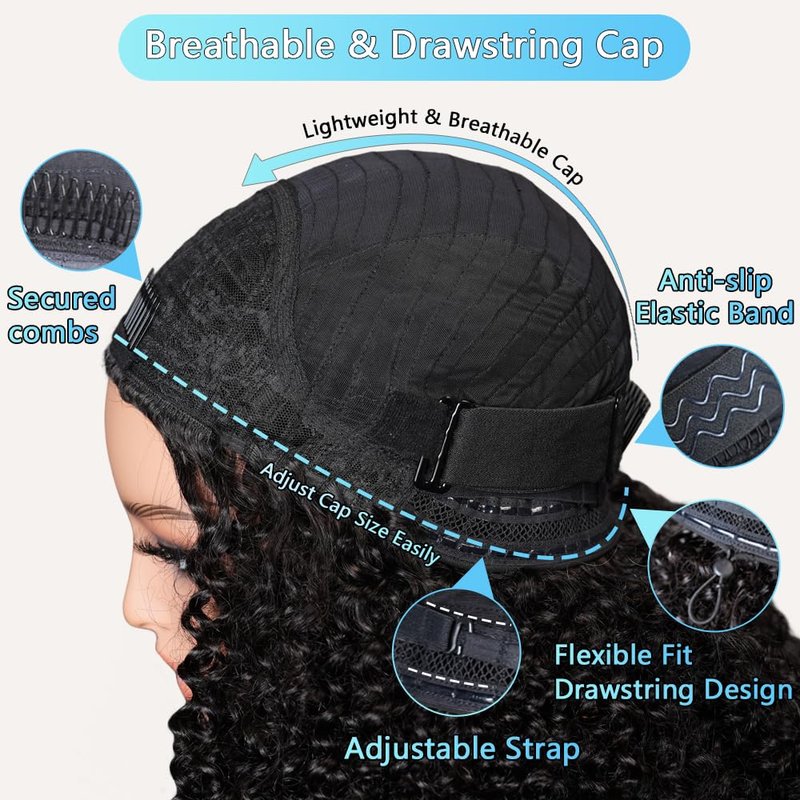 QUANDIAN Kinky Curly Half Wig Human Hair 26 Inch Wear Go Glueless Wigs Human Hair 200% Density Curly Half Wigs for Black Women Human Hair Afro Curly Drawstring Seamless Flip Wig Invisible Hairline