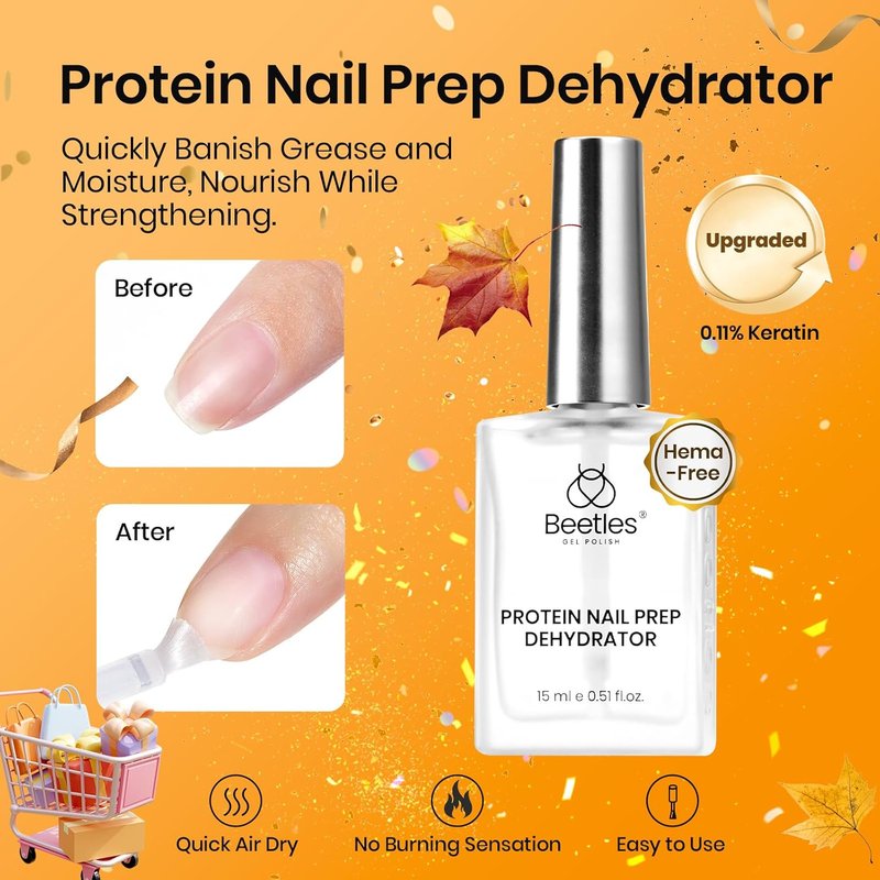 Beetles 15ml Protein Nail Prep Dehydrator and Primer Set - 2PCS Hema-Free & Acid Free Nail Bond Protein Prep Kit & 2 Pcs 15ml No Wipe Gel Top Coat and Base Coat Set - Shine Finish and Long Lasting