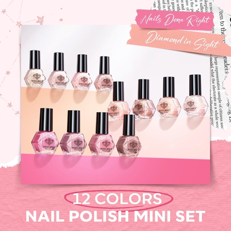 Modelones Nail Polish Set - 12 Colors Quick Dry Mini Lacquer Kit | Neutral Shimmer & Glitter for DIY Nail Art