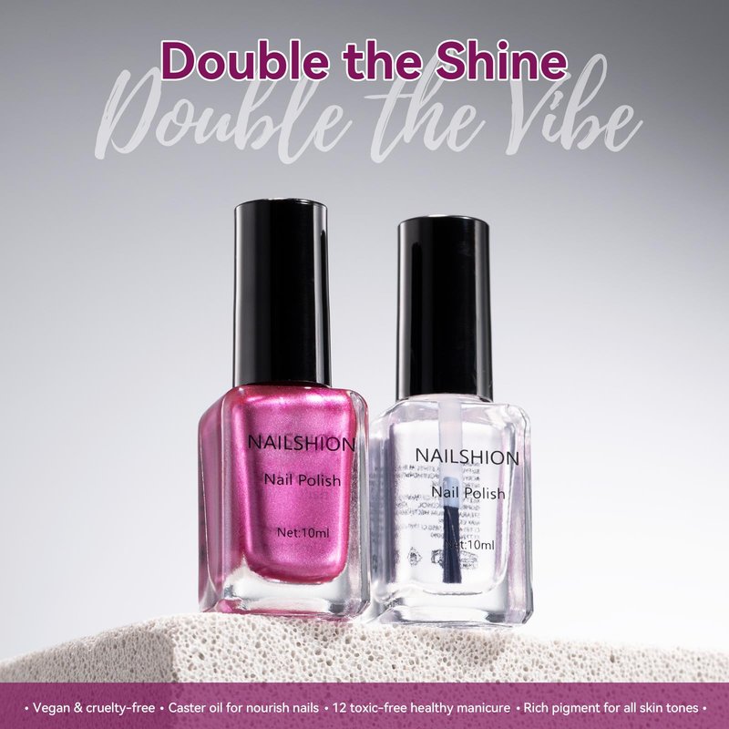 Nailshion Metallic Purple Rose Nail Polish with 3-in-1 Clear Base Top Coat, Fast Air Dry Fingernail Polish Duo, Non-Gel, Opaque, Glossy Luxury Nail Art Fingernail Toenail Polishes