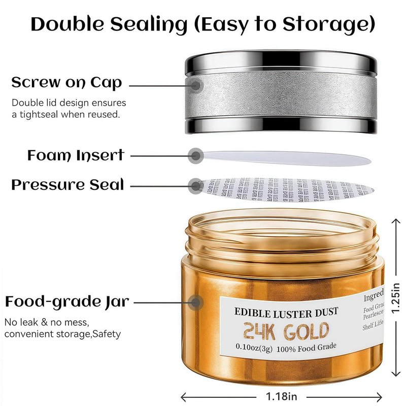 INOCERIS 24K Gold Luster Dust - Food Grade Metallic Shimmer Powder for Baking & Decorating