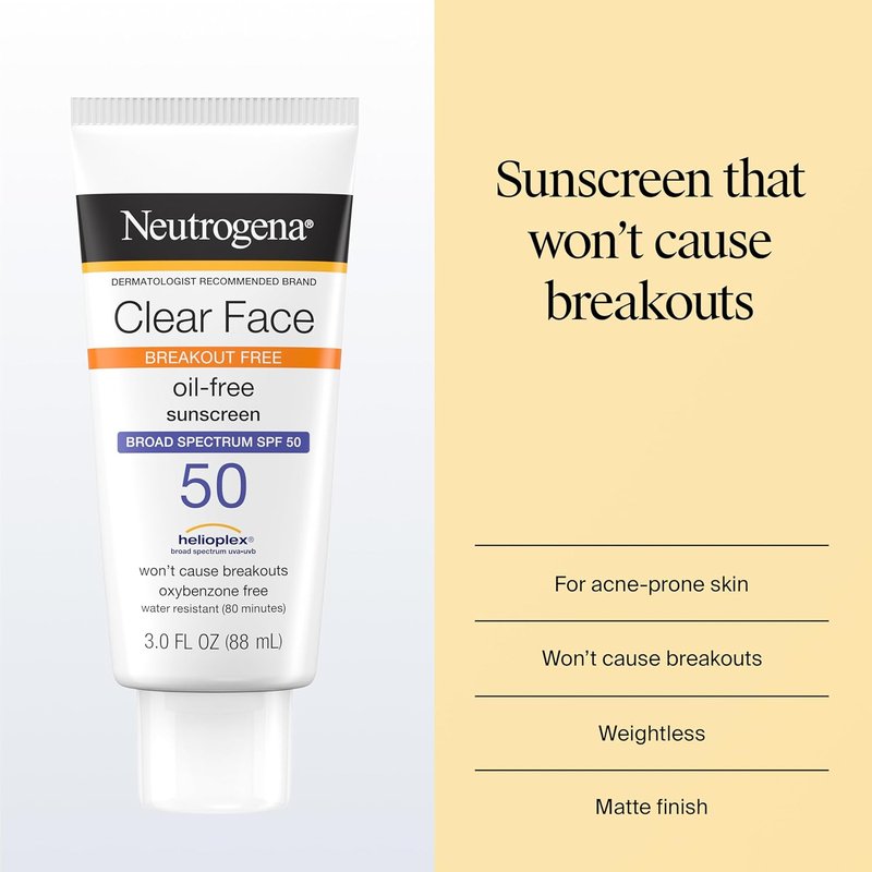 Neutrogena Clear Face Sunscreen Lotion - SPF 50 for Acne-Prone Skin | Oil-Free, Matte Finish, 3 Fl Oz