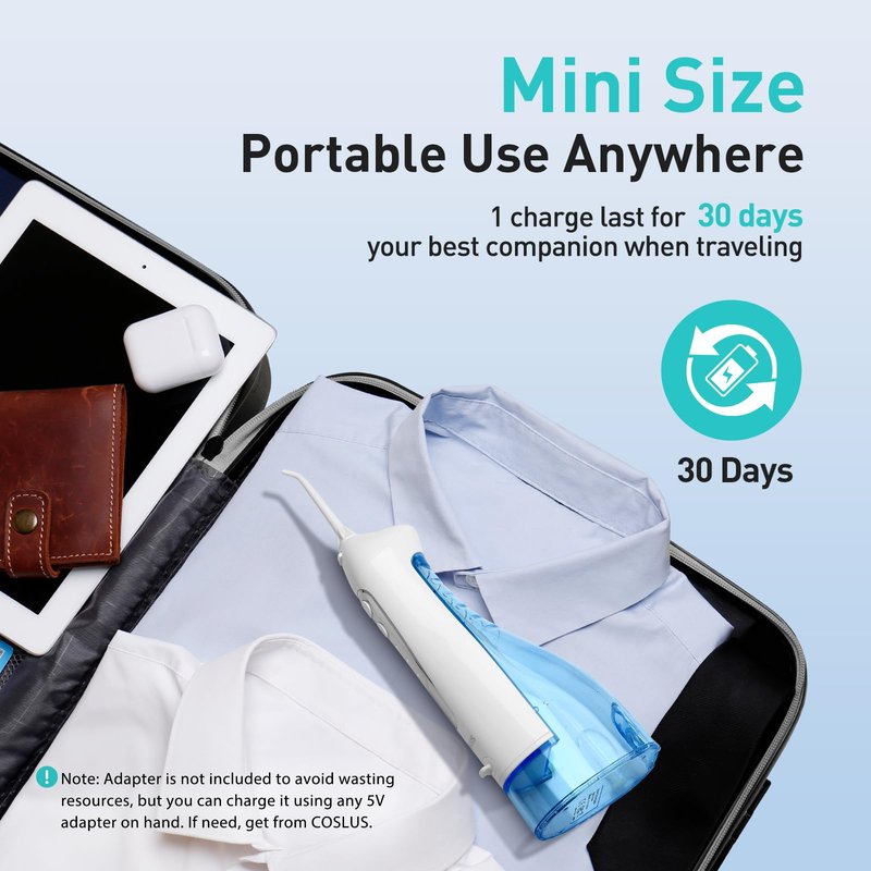 COSLUS Water Dental Flosser Teeth Pick C20: ADA Accepted, Portable Cordless Oral Irrigator 300ML Rechargeable Travel Irrigation Cleaner IPX7 Waterproof Electric Flossing Machine for Teeth, White