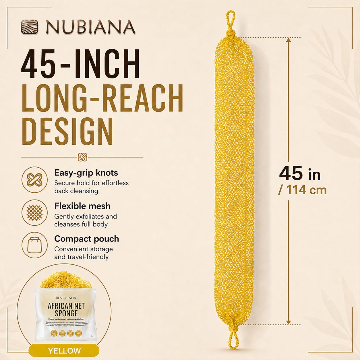 Nubiana African Net Sponge Authentic with Knots, 45 Inch Handwoven Nigerian Exfoliating Body Sponge with Handles, Quick-Drying Nylon Mesh Body Scrubber, Reusable Bath Sponge (Yellow)