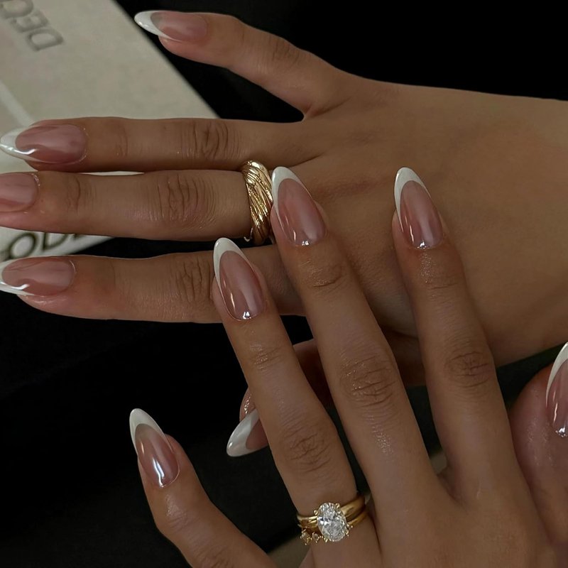 Qsnidy Press-On Nails - Medium Glazed Nude with White French Tips | Almond Chrome Acrylic, 30-Piece Kit in 15 Sizes