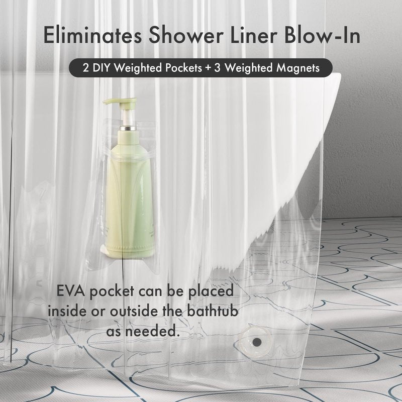 AmazerBath Shower Curtain Liner with 2 Weights Pockets, 72x72 Innovative No Blowing Clear Plastic Shower Liner with 2 DIY Weighted EVA Pockets & 3 Magnets, Waterproof Shower Curtain for Bathroom Stall