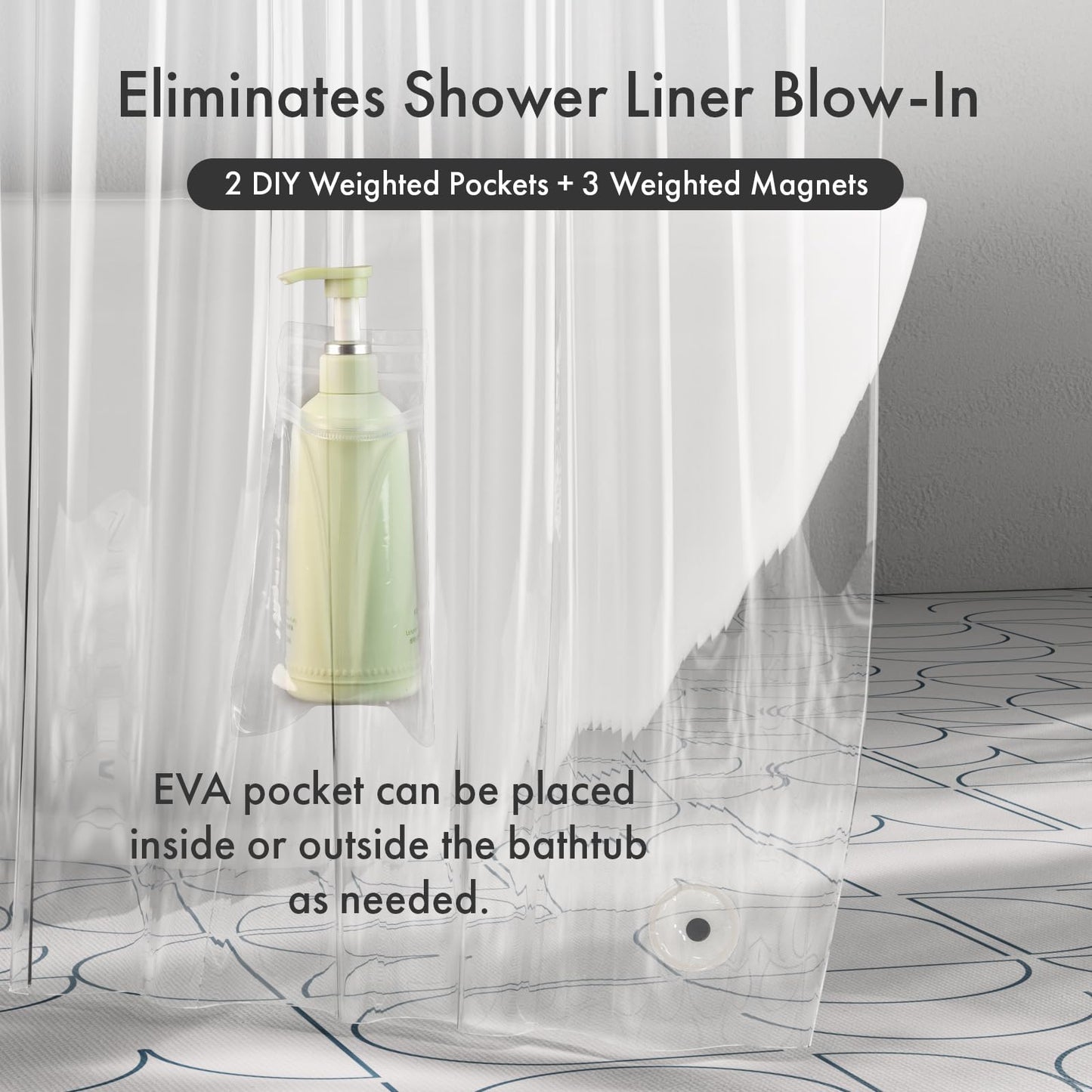 AmazerBath Extra Long Shower Curtain Liner with 2 Weights Pockets, 72x84 Inch Innovative No Blowing Waterproof Clear Plastic Shower Liner with 2 DIY Weighted EVA Pockets & 3 Magnets for Bathroom Stall