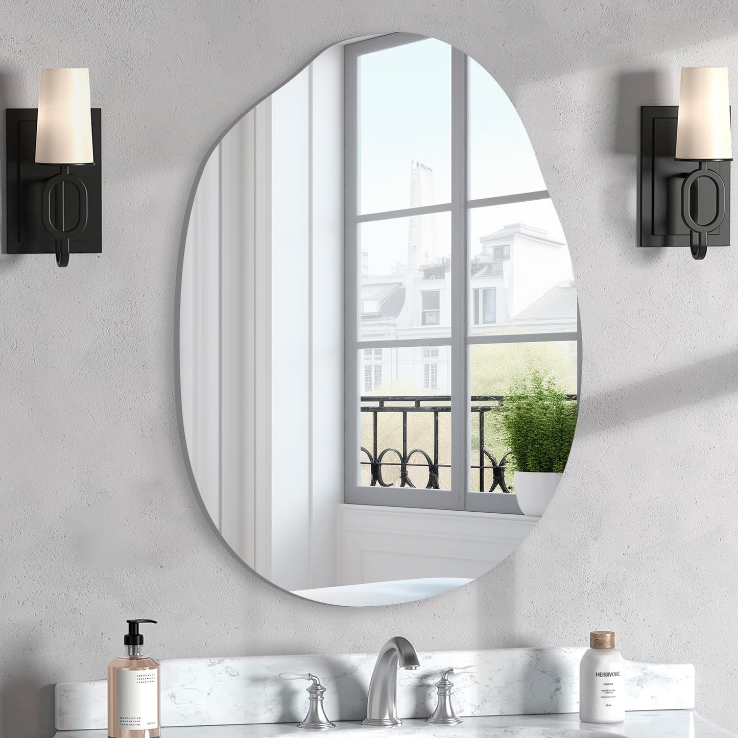 VASUHOME Frameless Bathroom Mirror - Irregular Design, 24 x 36 Inch Wall Mounted | Stylish Vanity Decor
