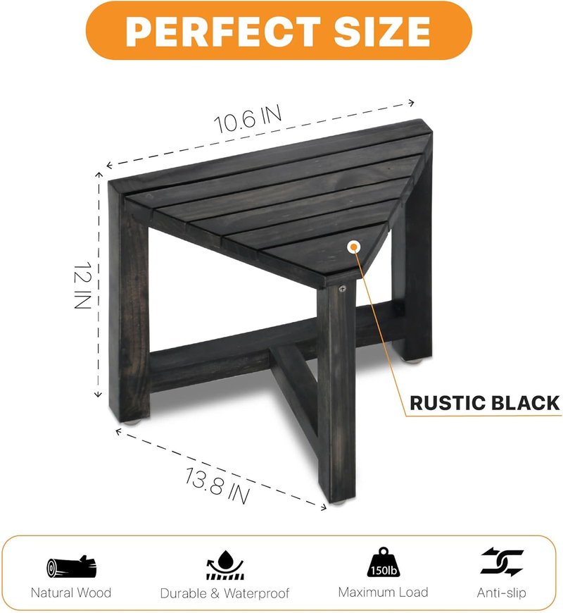ENKEZI Shower Foot Rest - 12-Inch Shower Seat for Shaving Legs | Compact Corner Stool in Rustic Black