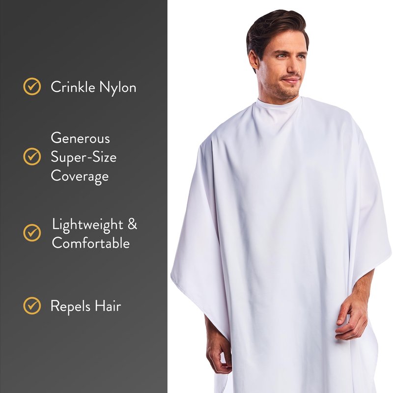 BD Barber Lightweight Crinkle Nylon Hair Cutting/Styling Cape, Water Resistant, Machine Washable, Permanent Crinkle Nylon, Repels Hair, Snap Closure at Neck, Generous 54 x 60 inch Size, White