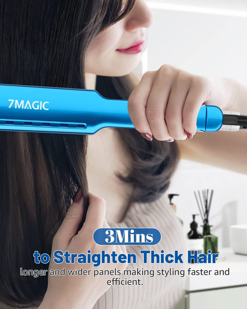 7MAGIC 1.7" Nano Titanium Wide Flat Iron Hair Straightener for Thick Hair, 15s Fast Heating with MCH Technology for Smooth & Sleek Results, Damp to Dry Styling, Dual Voltage 110-220V, Blue