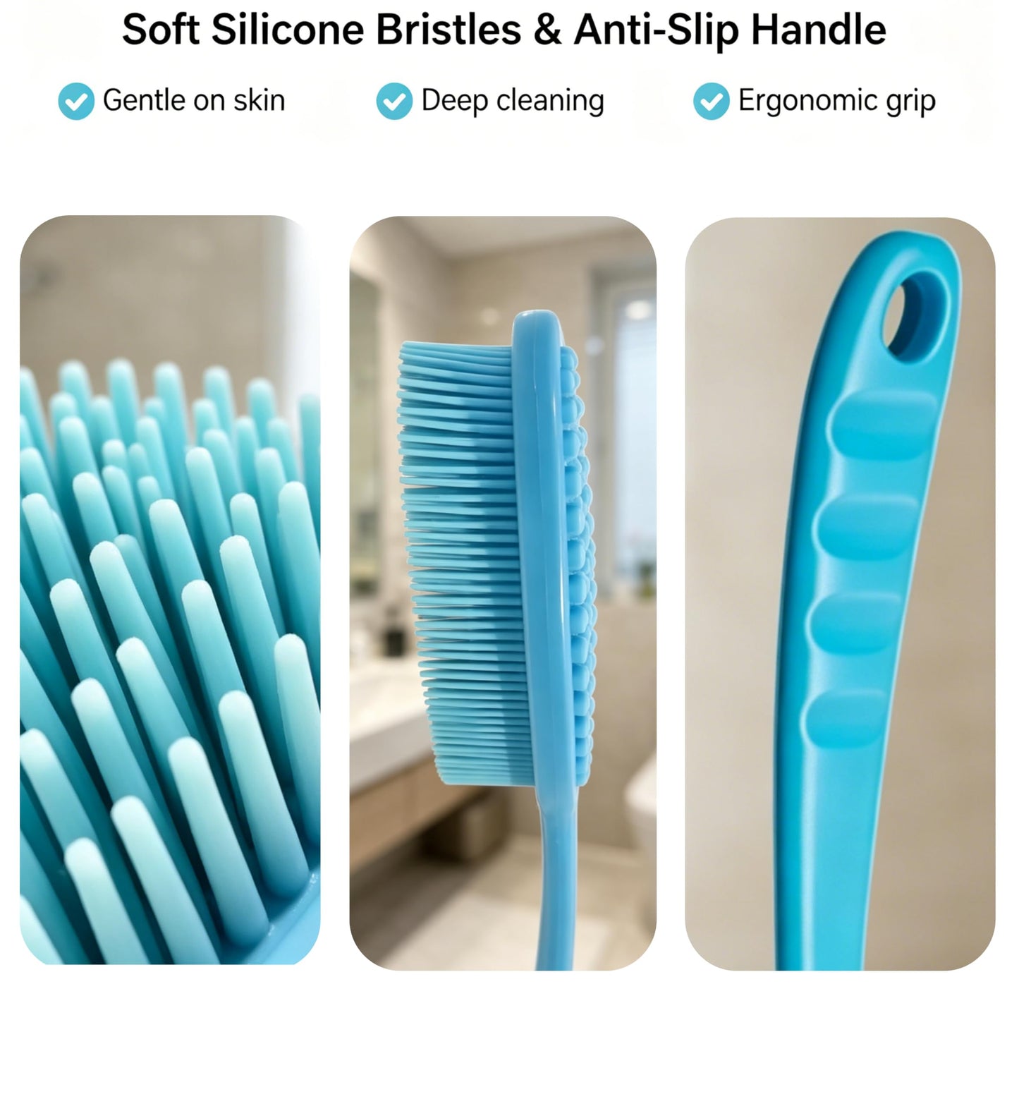 12.5inch Silicone Back Scrubber for Shower 2pcs（Blue）,Exfoliating Shower Brush,Double Sided for Exfoliating and Massage，Long Handle Back Scrubber for Men and Women(2 Brushes)