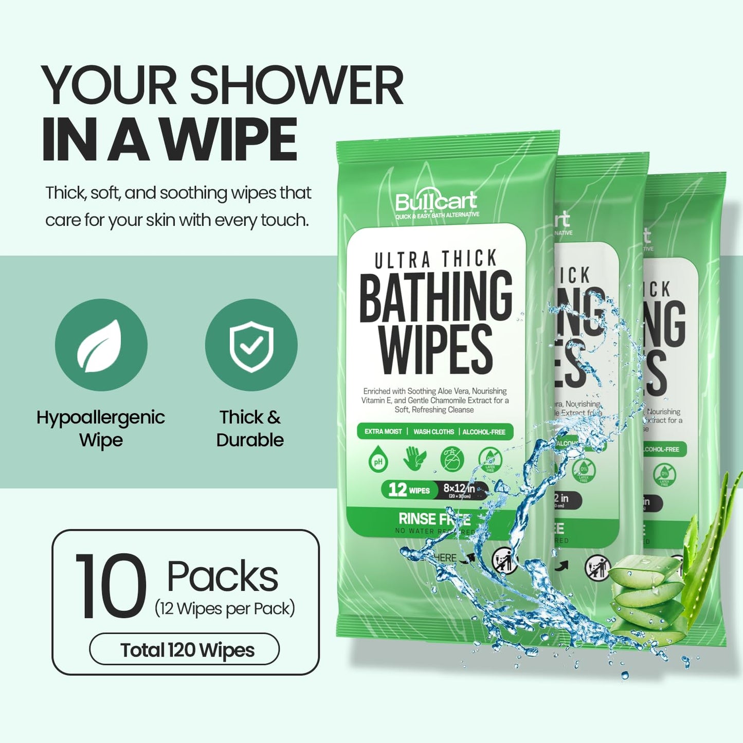 XL Bathing Wipes - Body Wipes for Adults Bathing No Rinse - 10 Pack, 120 Wipes - Disposable Cleansing Cloths for Women, Men & Elderly - W/Aloe - Shower Wipes - Camping & Travel Essentials