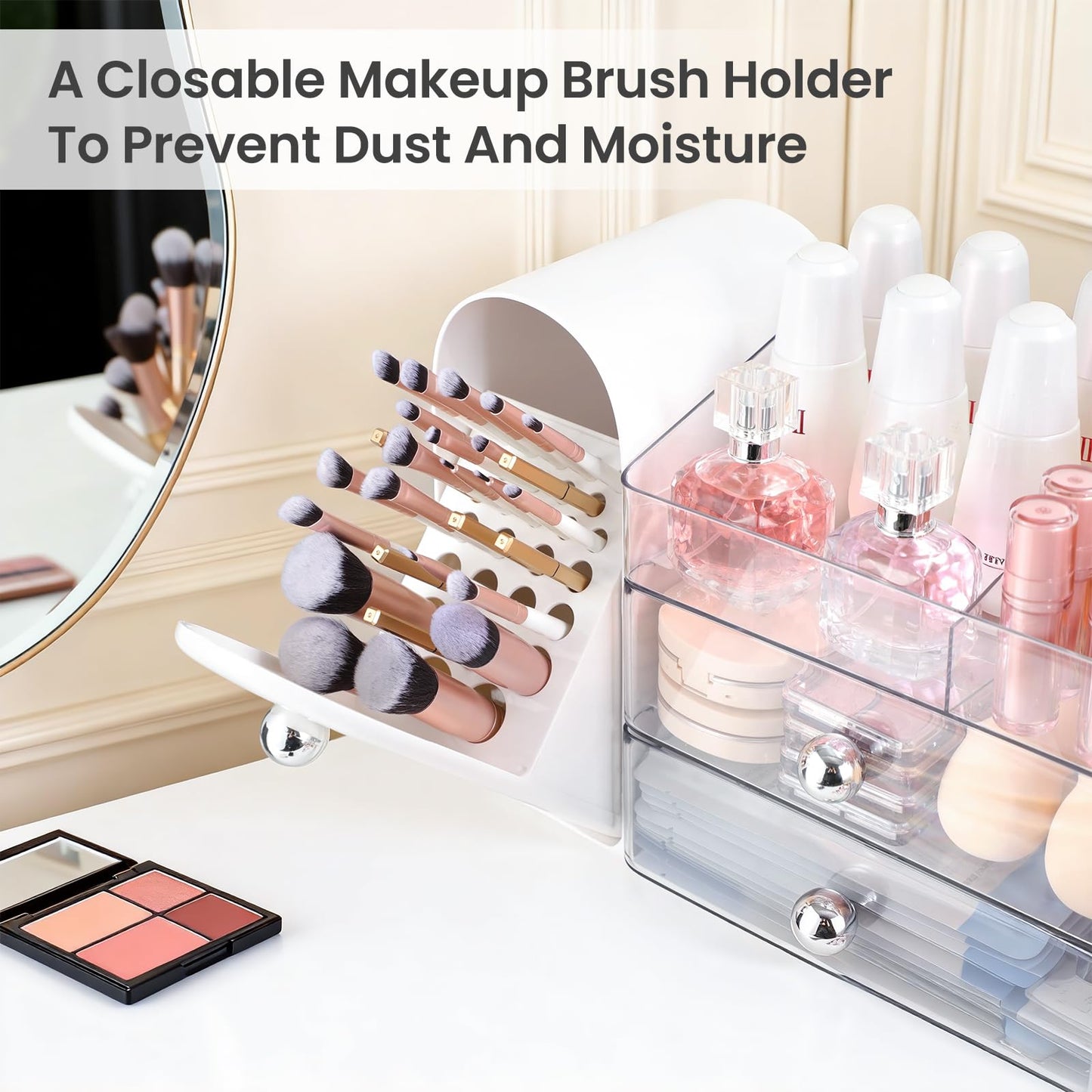 TRQWRO Makeup Organizer,Vanity Organizer with Makeup Brush Holder,Large Skincare Organizers with Drawers,Bathroom Countertop Organizer,Storage Lipstick,Perfume,Nail Polish,Beauty,Gifts for Woman