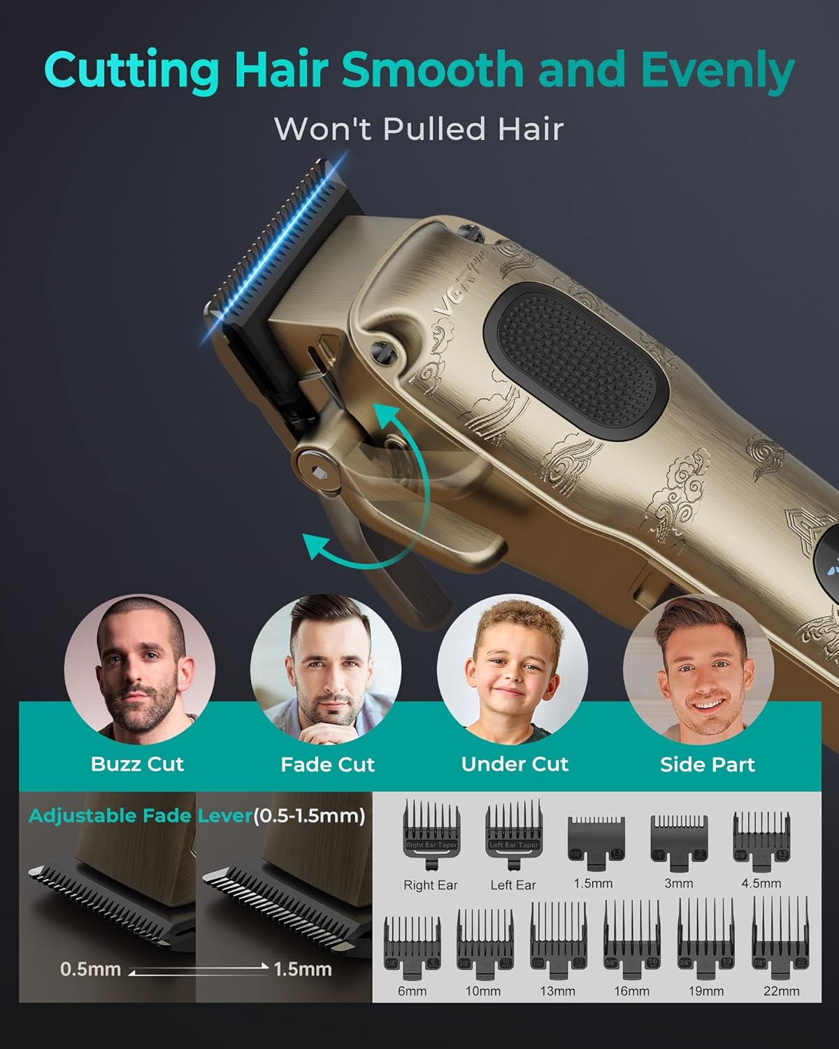 VGRPRO Hair Clippers for Men Professional, Cordless & Corded Barber Clippers for Hair Cutting with Package Case, Electric Grooming Kit for Home & Barber Use, LED Battery Display (Golden)