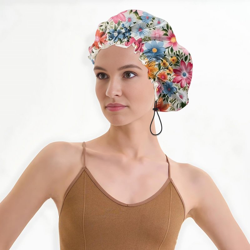 BHAHB Luxury Shower Cap Satin Lined Reusable Waterproof Double Layer Elastic Adjustable Hair Bath Cap Cute Aesthetic Women Girls-Flowers