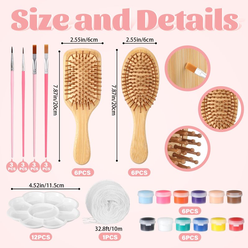 Acellegic 12 Set Bamboo Hairbrush Painting Kits Bulk Hand Painted Crafts for DIY Wooden Hairbrush Girls Hand Painted Make Your Own Night Party Supplies with Paint Brush and Palette