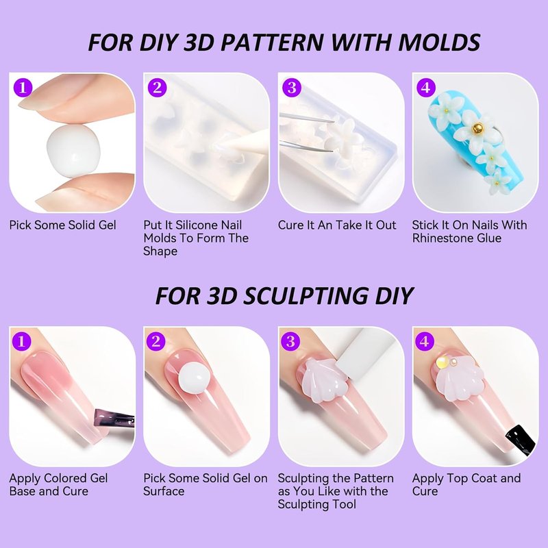 3D Gel Nail Art Starter Kit - Clear & White Sculpting Gel with Chrome Powder | Non-Sticky Molding & Carving Glue