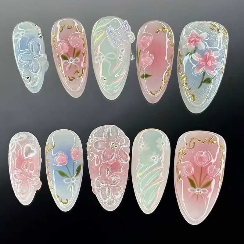 Skiennix Medium Almond Press-On Nails - 30Pcs 3D Flower & Butterfly Design | Glossy Acrylic Tips for Spring & Summer