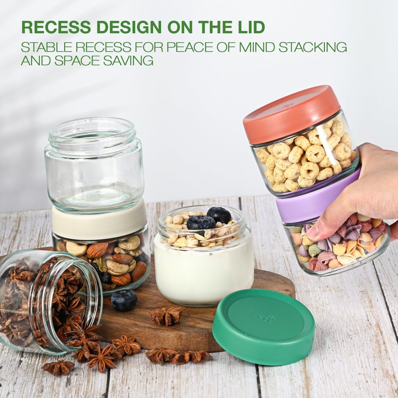 Hoa Kinh 9oz 12Pack Overnight Oats Jars with Lids, Leak Proof Small Jars for Overnight Oats, Cereal, Clear Empty Glass Jar with Lids for Kitchen(Red, Green, Purple and White)