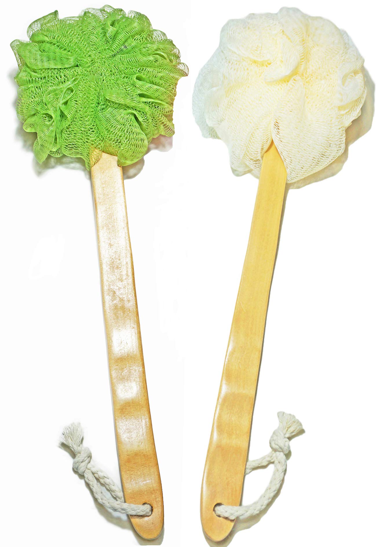Shower Loofah Body & Back Scrubber - Exfoliating Loofah Bath Brush On a Stick - with Long Wooden Handle Back Brush for Men & Women - Easy Reach Body Wash & Lotion Applicator（ 2 Pack- White&Green）