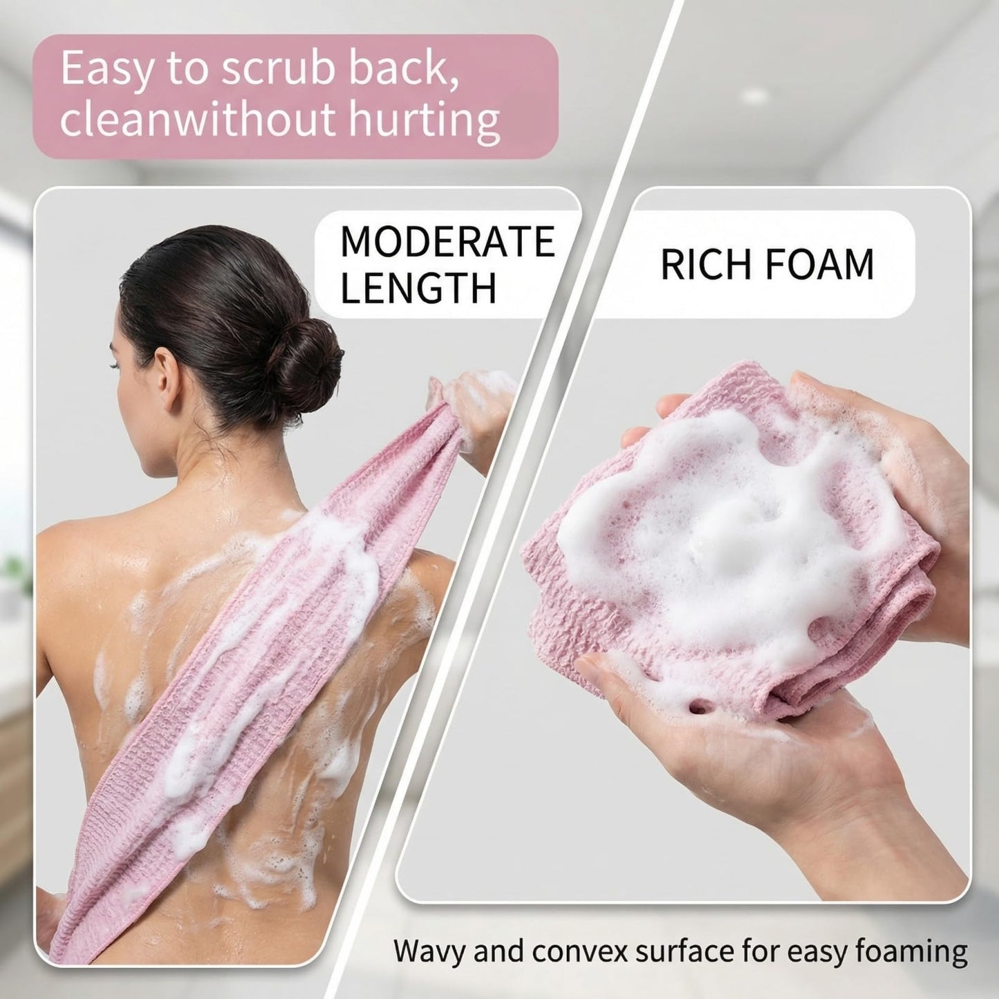 FIVECRAS Exfoliating Shower Towel 47", Long Microfiber Scrub Towel Set for Bath & Shower, Quick-Dry Body Cleaning Towel, Gentle Exfoliating Cloth for Daily Use (Black & Pink)