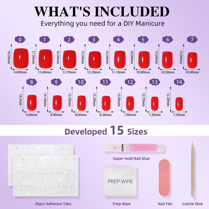 Red Press On Nails Short Square, Bright Red Glossy Fake Nails with Nail Glue for Women, Reusable Glue On Nails Kit, 30 PCS in 15 Sizes