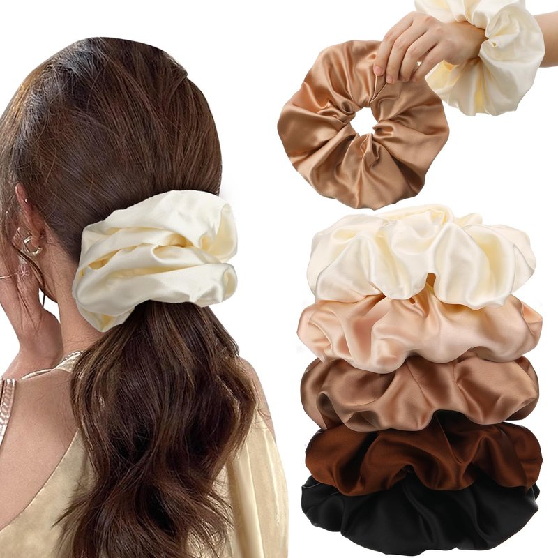 auroray 5 Pieces 7 Inch Jumbo Satin Silk Scrunchies for Women, Large Oversize Scrunchies For Thick Hair
