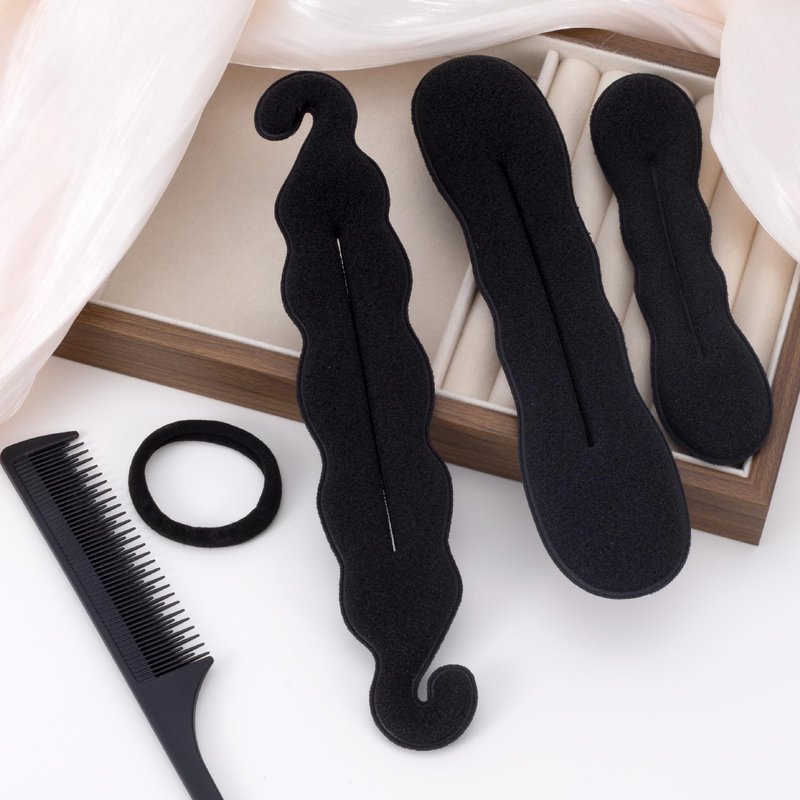 Lekgavd 3 PCS Hair Bun Maker, 3 Styles Sponge Hair Updo Shaper, 5PCS Elastic Hair Ties, Classic Hairstyle Accessories for Long, Curly, Straight Hair for Women -Black