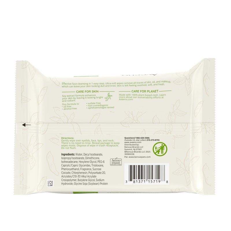 Aveeno Positively Radiant Alcohol-Free Makeup Removing Face Wipes, Ultra Soft, Gentle, Non-Comedogenic Facial Cleansing Wipes Leave Skin Feeling Clean & Soft, Sulfate Free, 25 ct