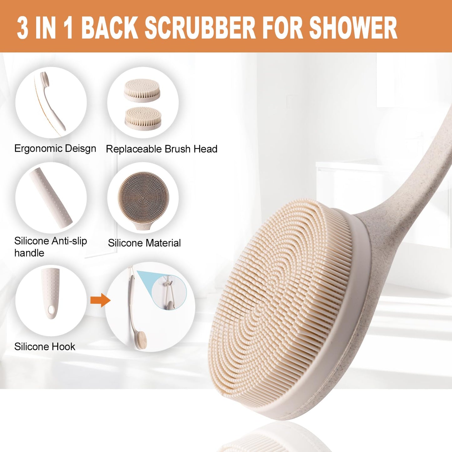 Long Handle Shower Back Scrubber,15.75 Inch Ergonomic Curved Brush with 3 Replaceable Heads with Soft and Firm Bristles,Silicone Handle for Easy Back Cleaning and Exfoliation,Bath Body Brush(Beige)