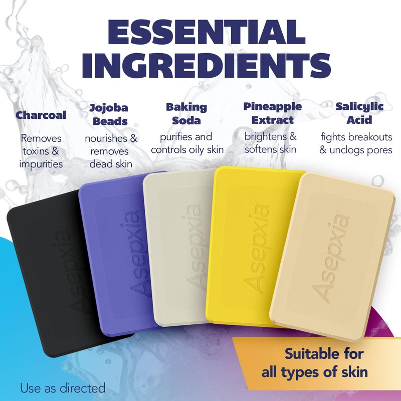Asepxia Soap Face Wash Variety Pack – 4 Facial Bars for Acne Treatment, and 1 Facial Bar For Brighteness & Softness | Oil Removal, Blackhead Care in a Complete Skin Routine | 4 oz Each | 5-Pack