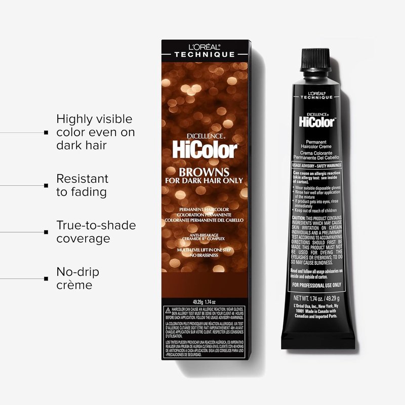 L'Oréal Technique HiColor Permanent Hair Color - Rich Browns & Blondes, One-Step Dark Hair Lift, No Brassiness