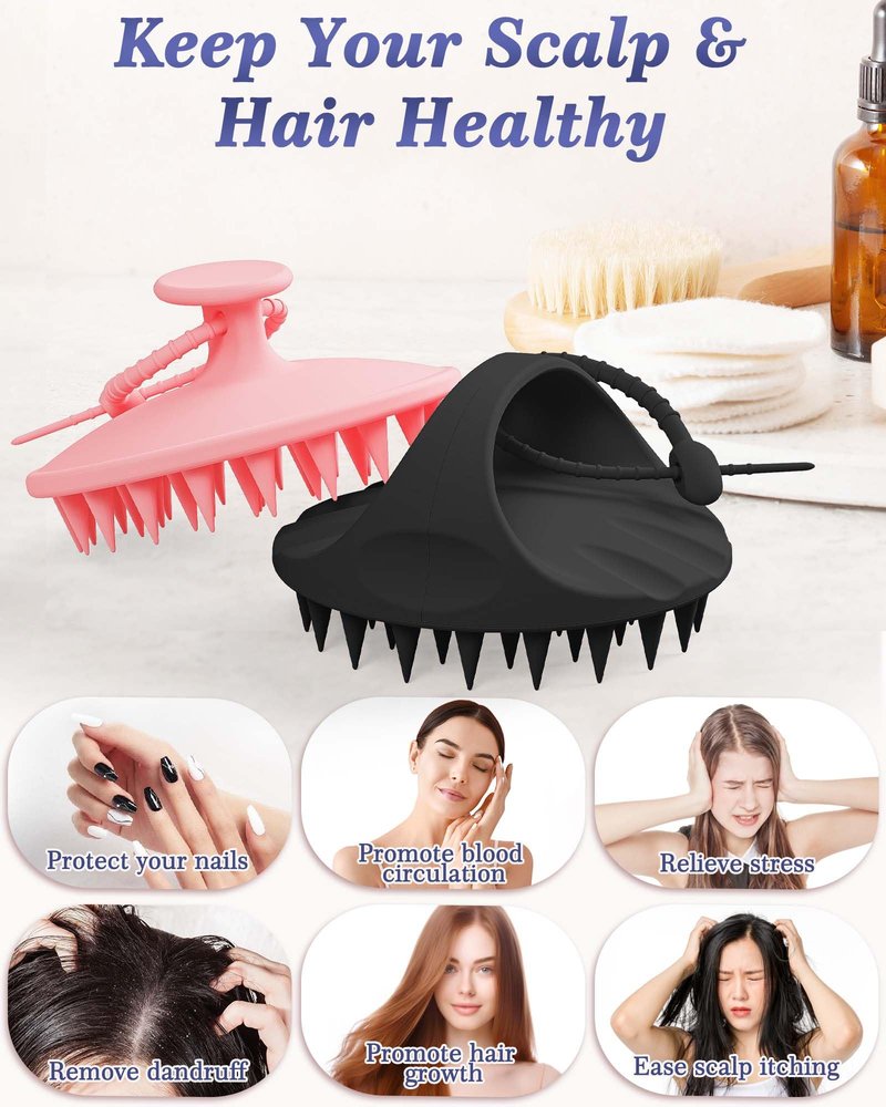 Manmihealth Large Hair Scalp Scrubber, One-piece Silicone Scalp Massager for Wet Dry, Long Bristles Shampoo Brush for Dandruff Removal and Hair Growth with Free Strap&Hook. (Style 1 Black)