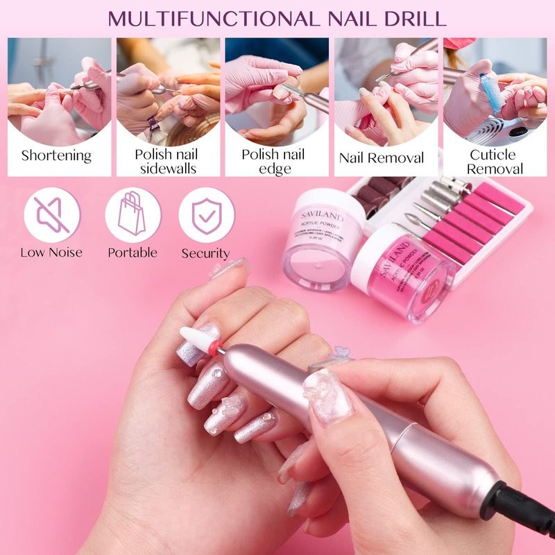 SAVILAND Acrylic Nail Kit with Drill - 0.5Oz Clear/White/Pink Acrylic Powder and Liquid Set Nail Drill with Brushes Tool Kit for Nails Extension Home DIY & Salon