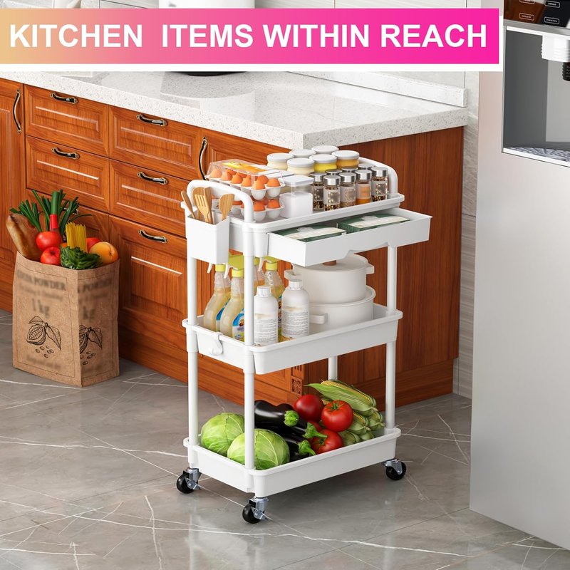 Goovilla 3-Tier Rolling Utility Cart - Sturdy White Organizer with Removable Drawer & Lockable Wheels