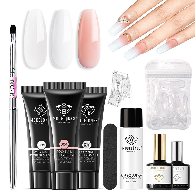 Modelones Poly Gel Nail Kit 3 Colors Clear White Apricot with Slip Solution Dual Nail Forms Top Base Coat Extension Builder Gel Polygel Toenail Kit DIY Nail Art Salon Use