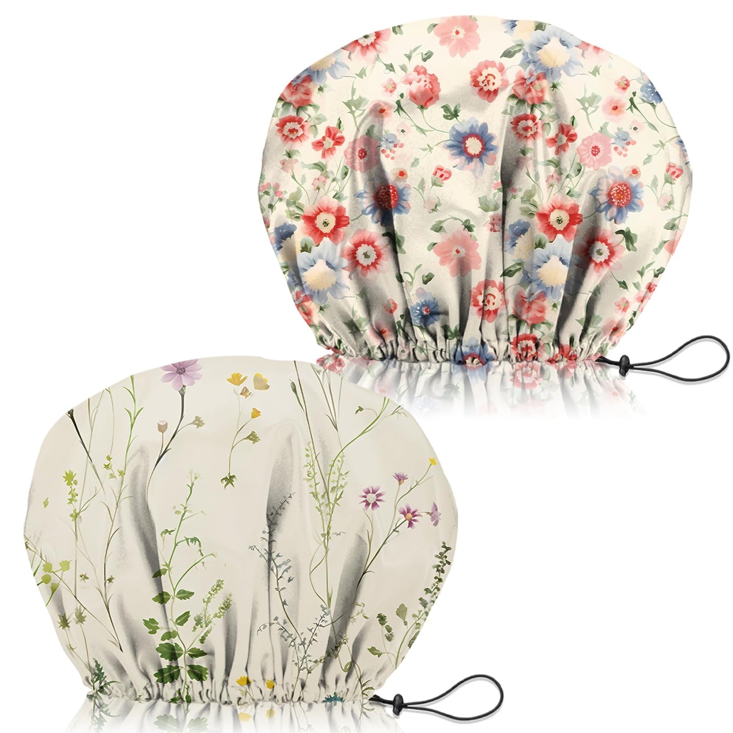 Zewurtuw 2 PCS Shower Cap Adjustable Reusable Double Waterproof Layer Elastic Hair Bath Cap Cute Aesthetic for Women Girls-Floral