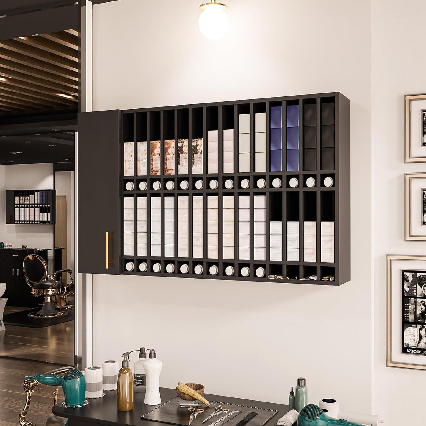 Wall Mounted Salon Station - Hair Color Rack Organizer with Adjustable Shelves | Black