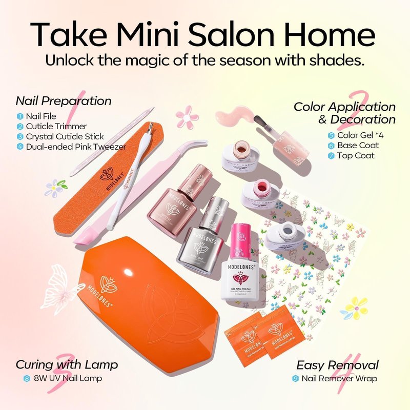 Modelones Gel Nail Polish Kit with U V Light, White Jelly Glitter Hot Pink Neon Pastel Manicure Set, Flower Stickers Base Top Coat 4 Colors Gel Mini Salon Nail Art Tools Starter Gift for Women