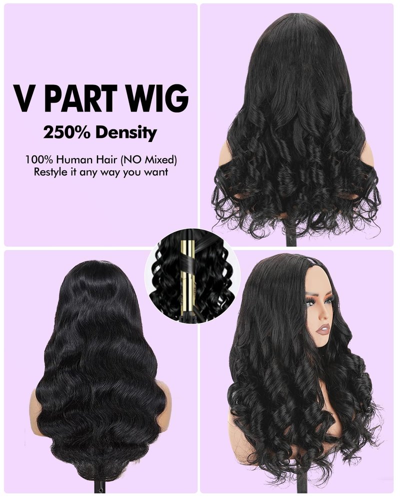 Lysilf V Part Wigs Human Hair 250% Density Body Wave Upgrade U Part Human Hair Wigs with Drawstring No Leave Out No Sew Glueless Clip In Half Wig for Women (Natural Black, 20 Inch)