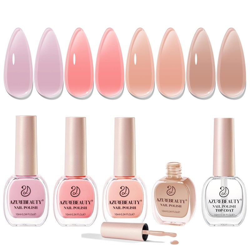 AZUREBEAUTY Jelly Nail Polish Set Quick Dry Transparent Nude Pink Purple Brown 4 Colors Sheer Natural Nail Lacquer Fingernail Kit with Top Coat Nail Polish DIY Salon Home