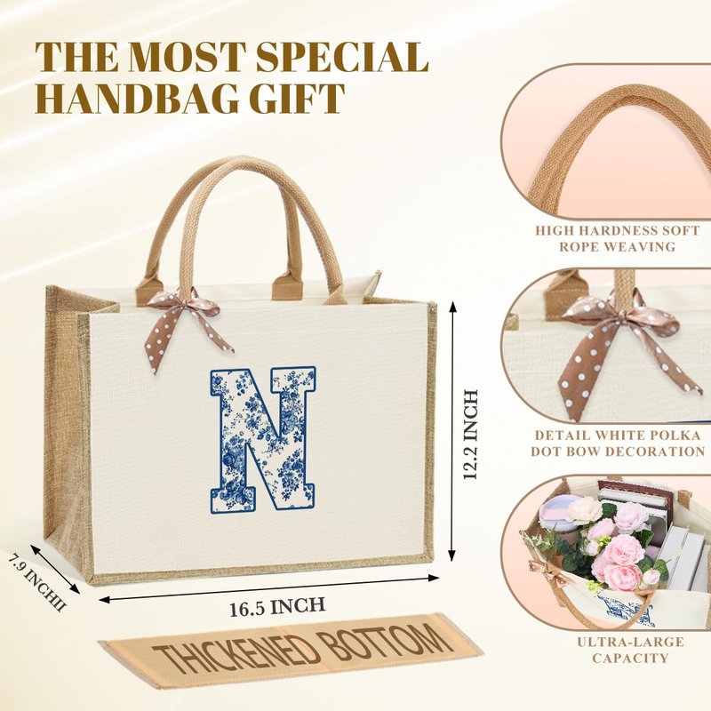 Monogrammed Tote Bags for Women, Initial Tote Bag, Personalized Bags for Women, Personalized Birthday Wedding Gift for Womens Friends Wife Mom Brides Monogram N Bag and Makeup Pouch With Zipper