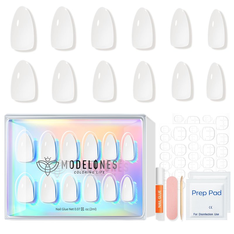 Modelones Milky White Press on Nails Almond, Short Fake Nails, Reusable Nail Kit with Nail Glue Adhesive Tabs Mini Nail File, Nails Press Ons 32Pcs 16 Sizes, Women Girl Gift ﻿