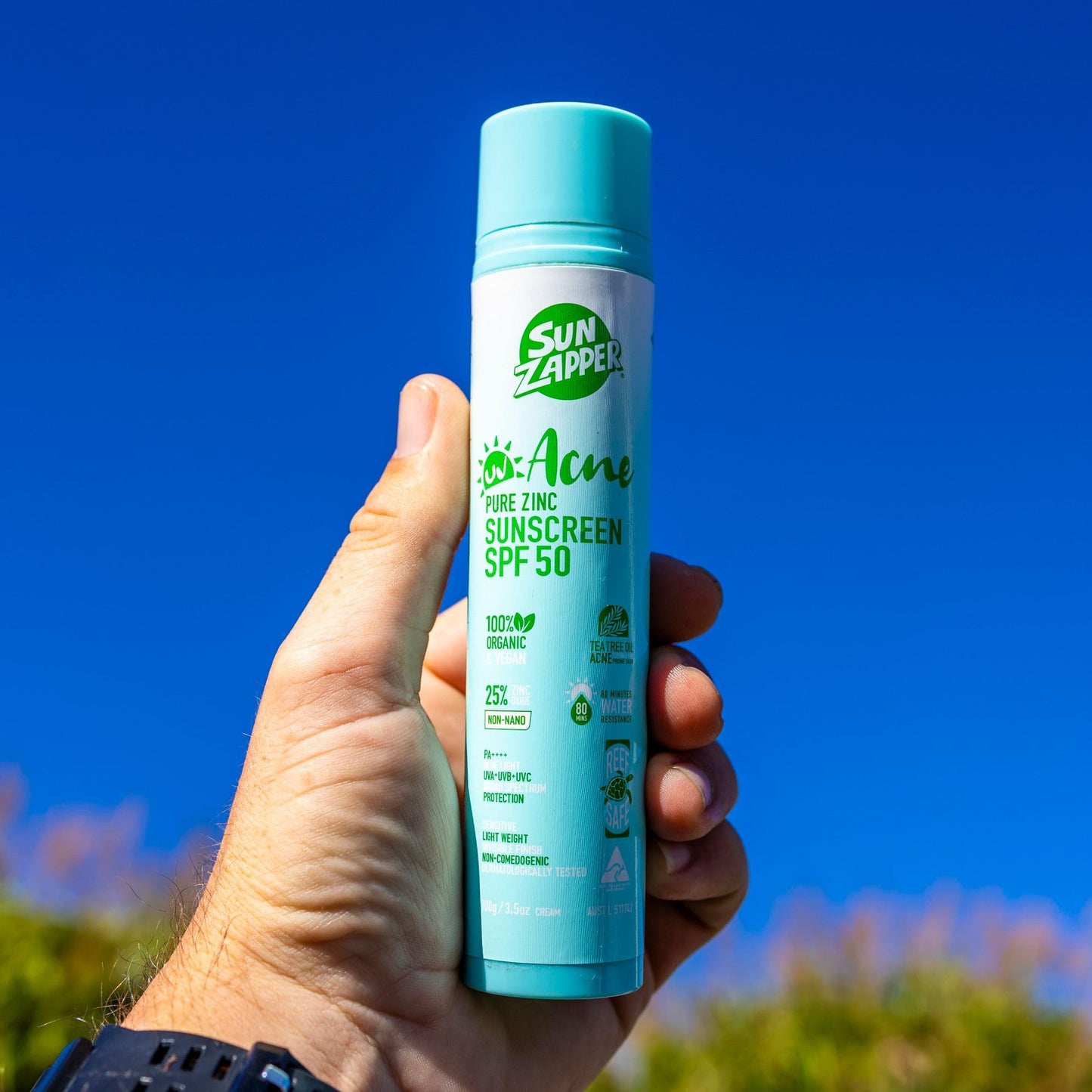 Sun Zapper Acne Pure Zinc Face Sunscreen SPF 50, Non-Comedogenic Organic Mineral Sunscreen with Tea Tree Oil for Acne-Prone and Oily Skin, 25% Non-Nano Zinc Oxide, Reef Safe, 100g (3.5 oz)